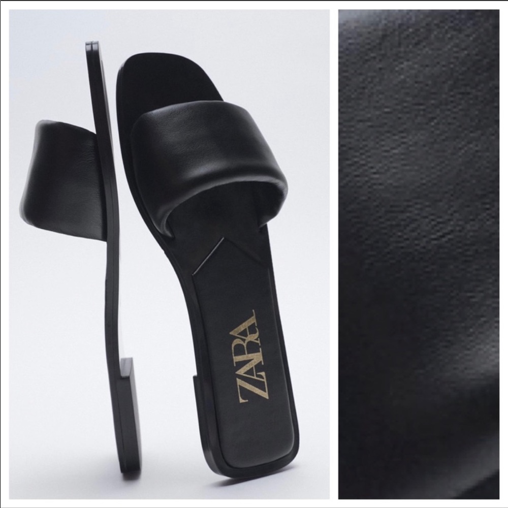 Zara Black Flat Leather Sandals. Size 8.